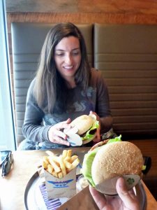 Kumara and beetroot burger and beef burger. Yum.