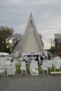 Chairs representing lost ones from the earthquake.