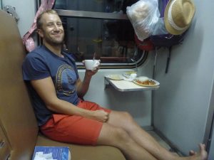 Having a cuppa on the night train Bangkok Chiang Mai