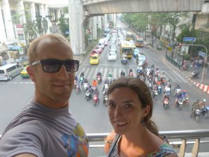 Selfie on the sky-walkway with the flashmob of scooters.