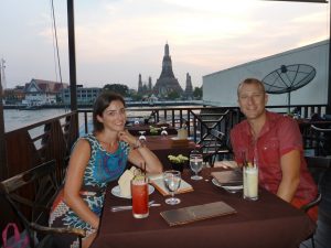 Meal at 'The Deck' overlooking the river and Wat Arun.
